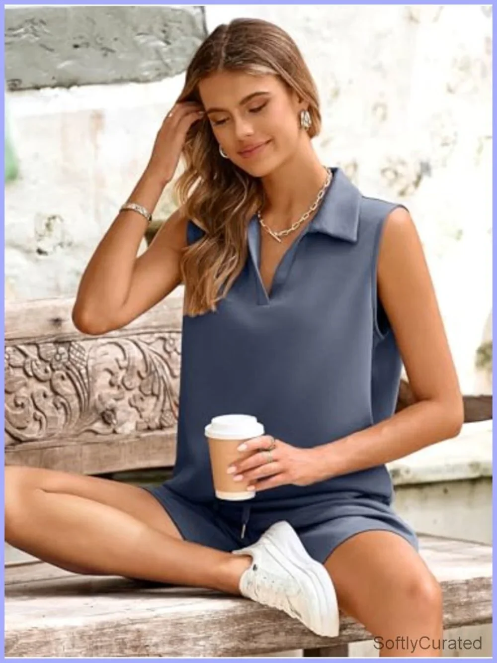 Two Piece Short Set Sleeveless V Neck Lounge Tracksuit Summer Travel Outfit